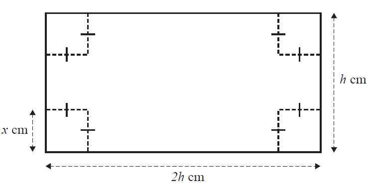 Diagram of a rectangular sheet of cardboard with squares cut from the corners.