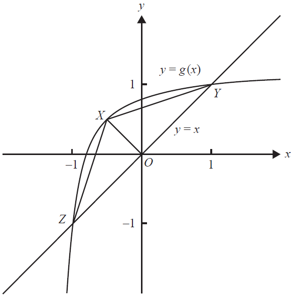 Triangle XYZ with vertices on y=x and y=g(x).