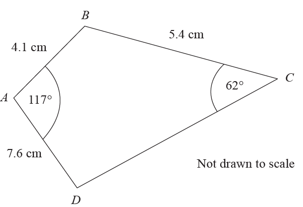 Quadrilateral ABCD with side lengths and angles.