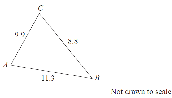 A triangle with vertices A, B, and C. The side opposite A is 8.8, the side opposite B is 9.9, and the side opposite C is 11.3.
