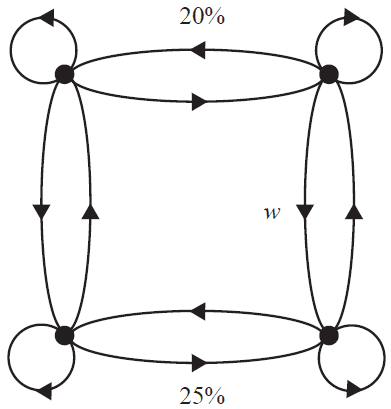 A transition diagram with four nodes and arrows indicating movement probabilities between them. One transition is labelled 'w'.
