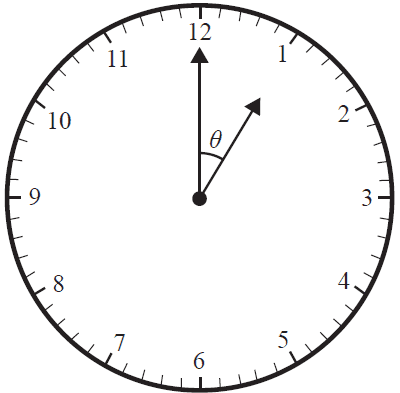 A clock face showing one o'clock, with the angle theta between the hour and minute hands.