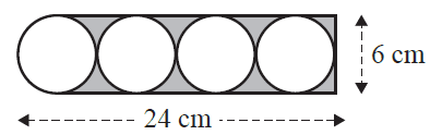 Top view of a rectangular box (24cm by 6cm) containing four identical circles packed tightly. The shaded area is the space within the rectangle not covered by the circles.