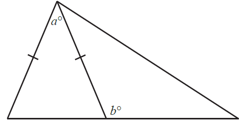 A composite shape formed by two triangles. An isosceles triangle with vertex angle 'a' is adjacent to another triangle with an exterior angle 'b'.