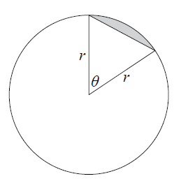 A circle with radius r. A sector is marked with an angle theta. The chord connecting the ends of the radii forms a triangle, and the area between the chord and the arc (the segment) is shaded.