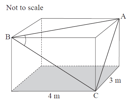 Diagram of a rectangular prism with some dimensions. A triangle ABC is highlighted. Side BC is 4m, a side perpendicular to BC is 3m. Angle ABC is 60 degrees.