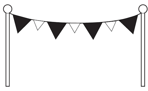 A string of seven triangular flags, four white and three black.