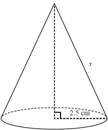 Cone with radius 2.5 cm and slant edge x