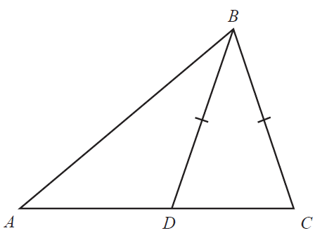 A triangle ABC with point D on side AC. Side BC is equal in length to side BD.