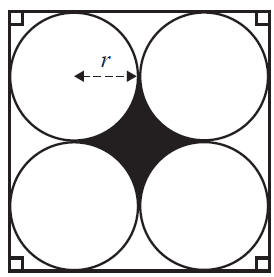 Four identical circles arranged in a 2x2 grid inside a square, touching each other and the sides of the square. The area between the four circles is shaded.