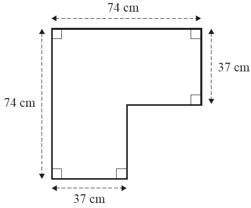 An L-shaped shelf. The outer vertical side is 74 cm. The outer horizontal side is 74 cm. The inner vertical and horizontal cut-out sides are both 37 cm.