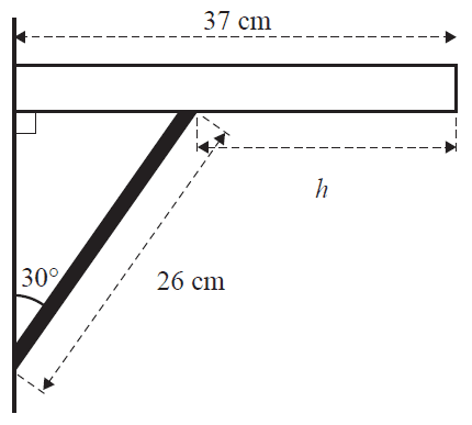 A diagram showing a shelf against a wall. A triangular bracket supports the shelf. The bracket is the hypotenuse of a right-angled triangle, with length 26 cm. It makes a 30-degree angle with the vertical wall. The distance from the edge of the shelf to where the bracket attaches is labelled 'h'. The horizontal width of the shelf is 37 cm.